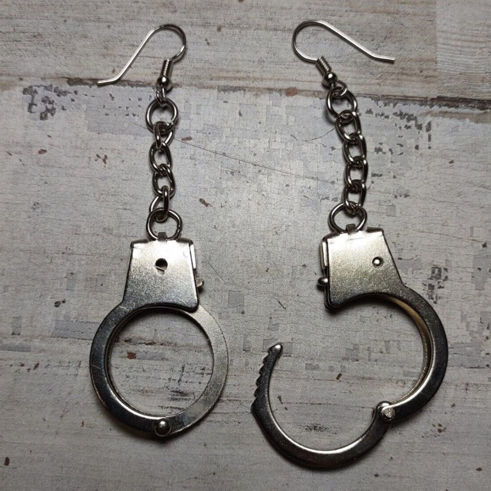 Police Handcuff Silver Tone Dangle Earrings Pierced *OPEN AND CLOSE*